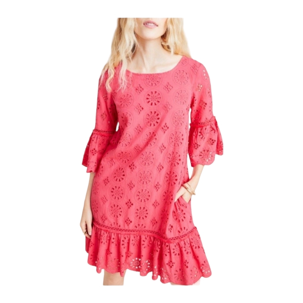 Anthropologie Dani Lace Dress Eyelet Beachy Boho Coastal Coral Pink Dress Size 6